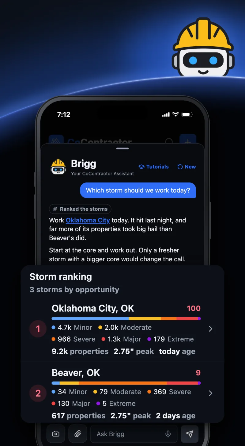 Brigg's chat on a phone: asked which storm to work today, he ranks three storms by opportunity
