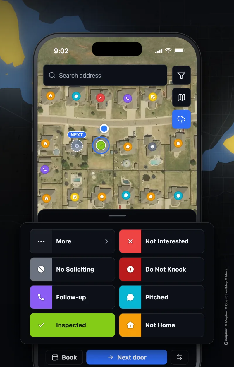 The canvassing map on a phone, with properties marked by status and the status tiles