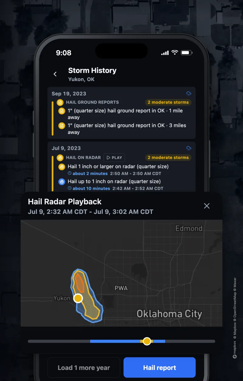 A property's storm history on a phone, with the hail radar playback over the roof