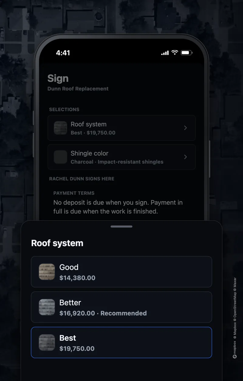 Good, Better, and Best roof systems on a phone, from $14,380 to $19,750