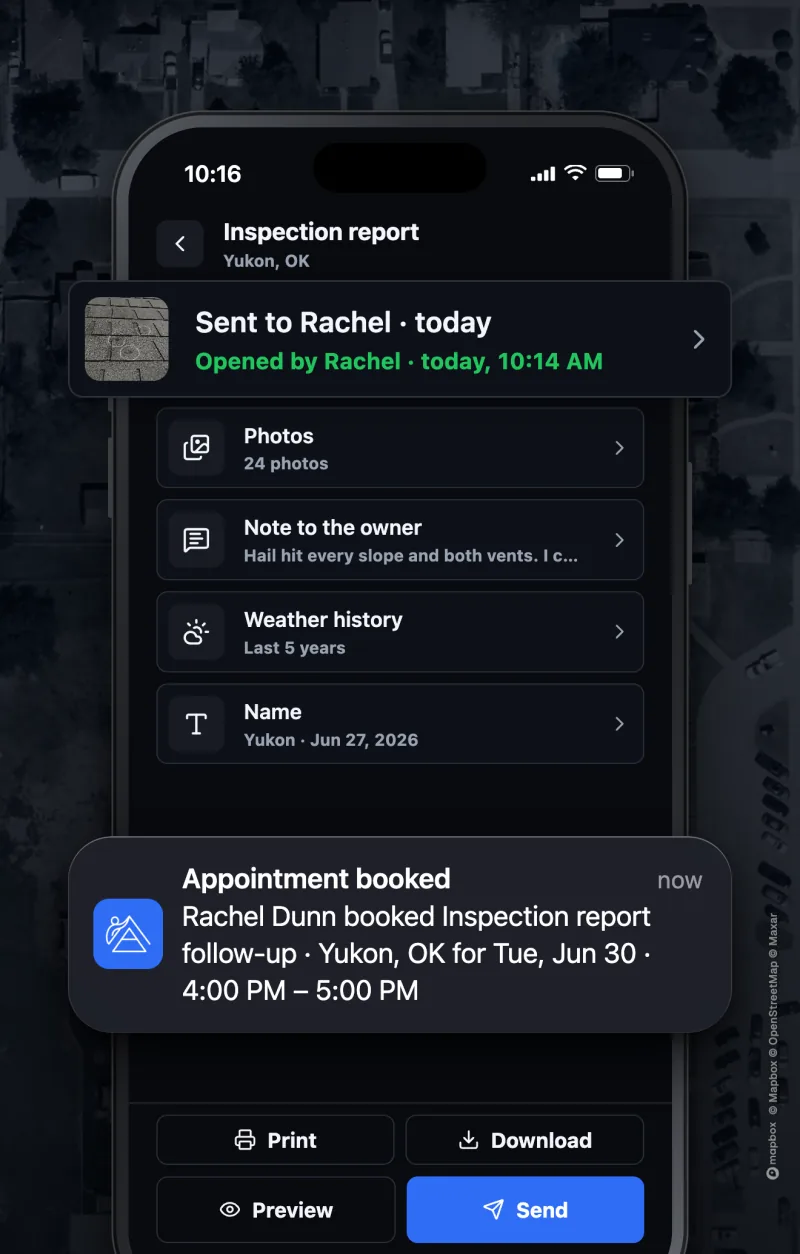 An inspection report on a phone, sent and opened, with the follow-up the homeowner booked
