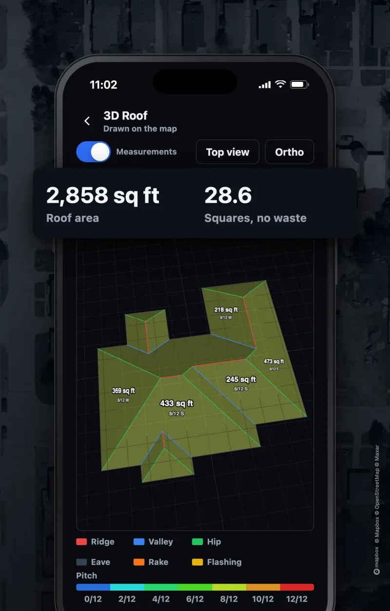 A roof drawn on the map, in 3D on a phone: 2,858 square feet, 28.6 squares, each facet with its area, and the lines colored by ridge, valley, hip, eave, and rake