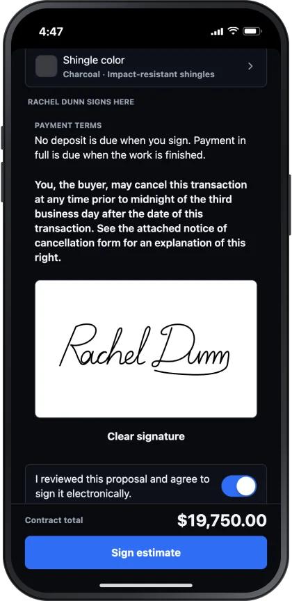 A homeowner's signature on the rep's phone, over the contract total and the Sign estimate button