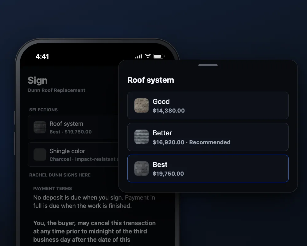 Good, Better, and Best roof systems on the phone, from $14,380 to $19,750
