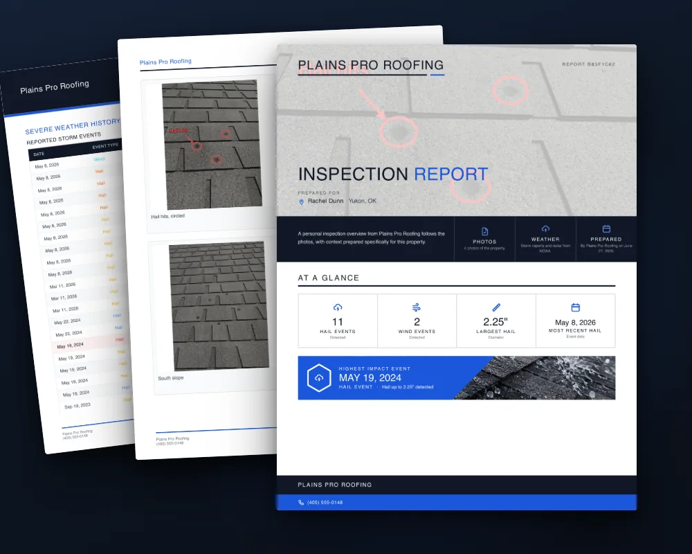 The inspection report PDF: a branded cover, the marked-up photos, and the property's severe weather history