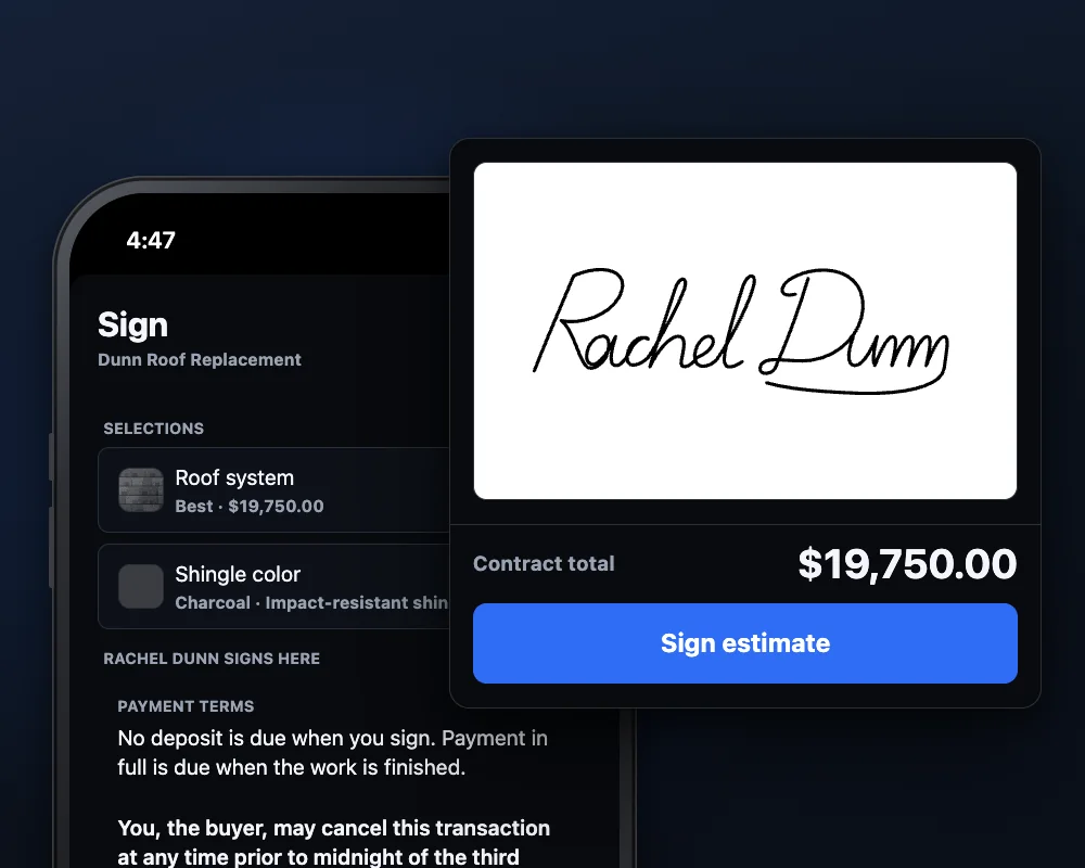 The homeowner's signature on the phone, over the $19,750.00 contract total and the Sign estimate button