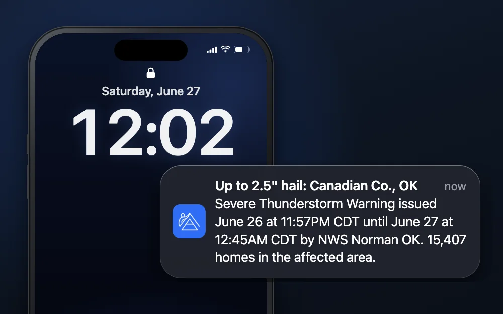 A push alert at midnight: up to 2.5 inch hail in Canadian County, with 15,407 homes in the affected area