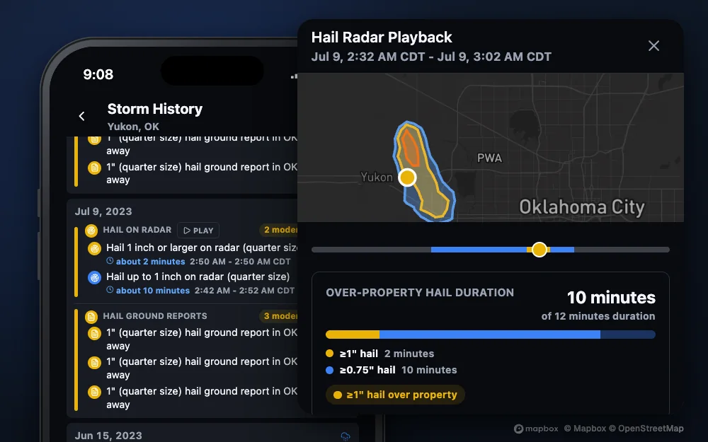 Hail radar playback over one roof, with 10 minutes of hail over the property