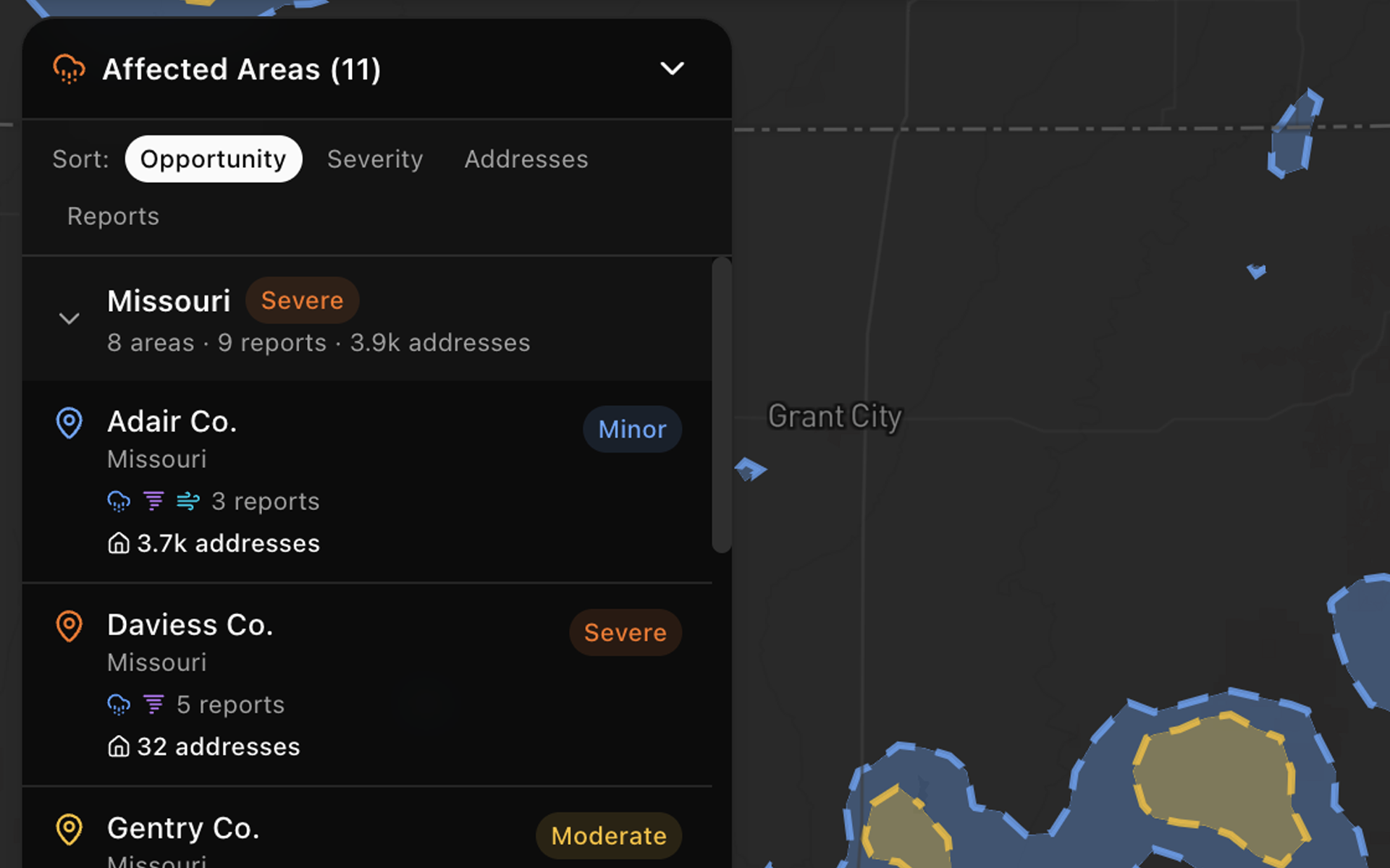 CoContractor affected areas list sorted by opportunity